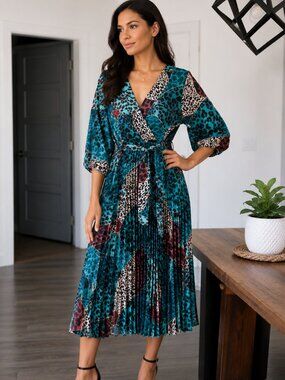 Papillon Animal Print Pleated Midi Dress – Blue Leopard Wrap Dress – Size Large